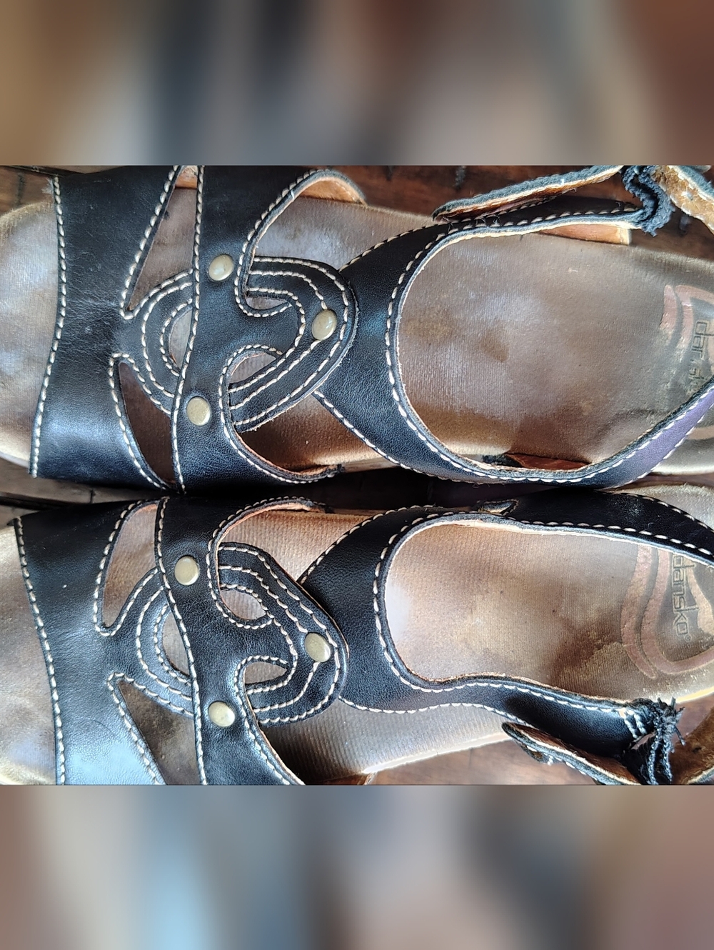 Dansko Black Leather Open Toe Platform Clogs/Sandals with Wood-Effect Sole - Picture 6 of 16